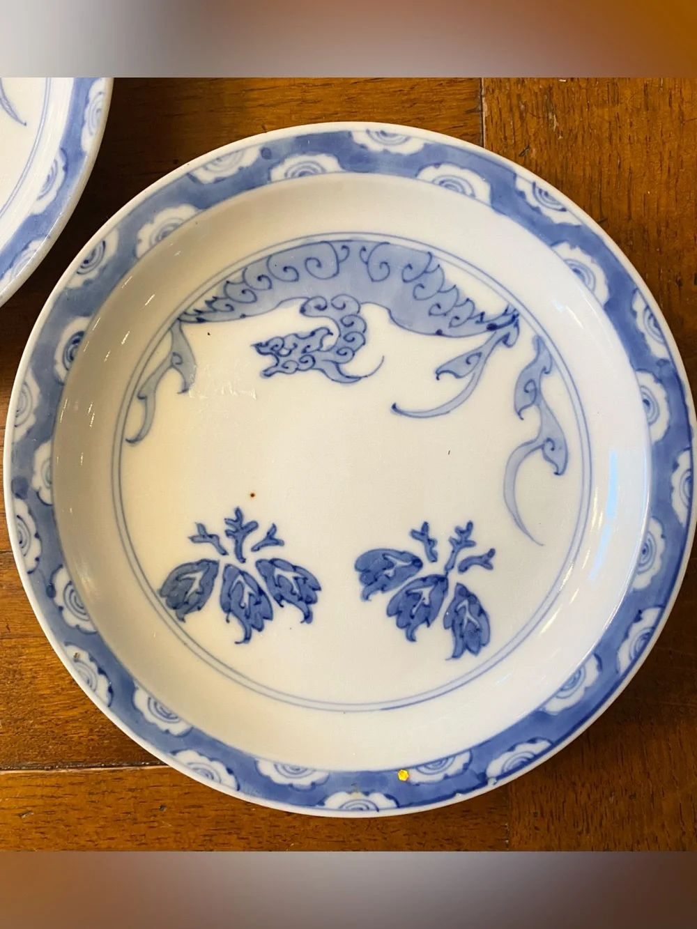 5 Antique Japanese Imari Porcelain Plates Blue White Dragon Meiji Marked Fuku